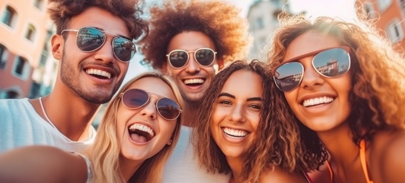 Several young adults smiling outdoors after cosmetic dentistry in Dublin