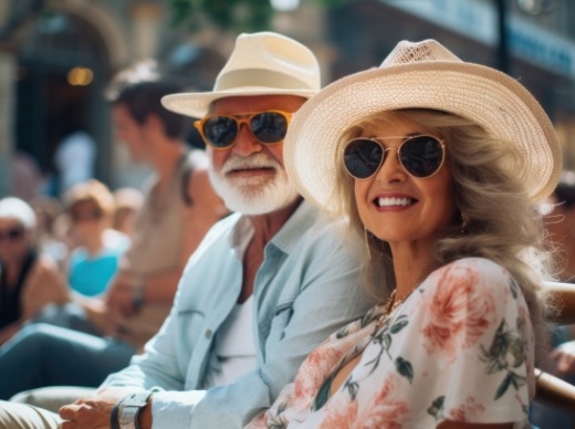 Senior man and woman in sunglasses and sunhats smiling outdoors