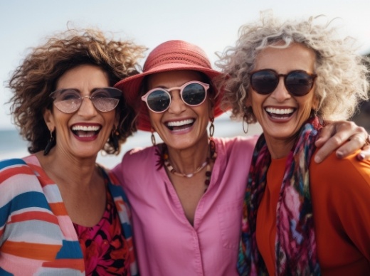 Three older women smiling at the beach