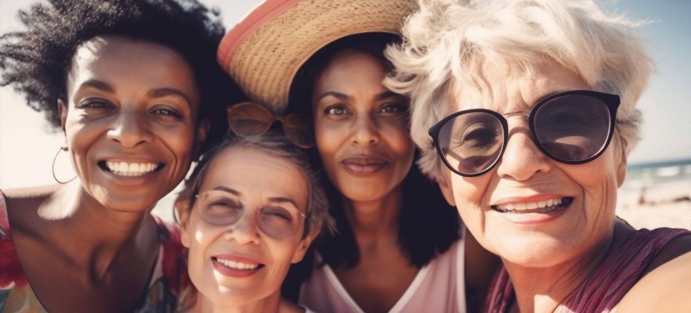 Four older woman smiling together on the beach
