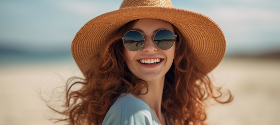 Woman in sunhat smiling on the beach