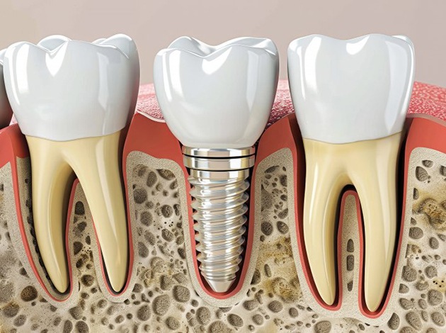 a 3D illustration of a dental implant in the jawbone
