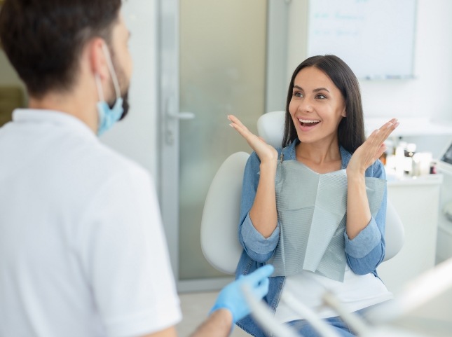 Woman smiling at her dentist in Dublin