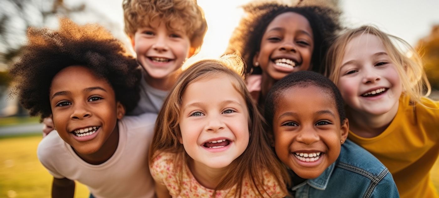 Group of kids smiling in sunset after visiting pediatric dentist in Dublin