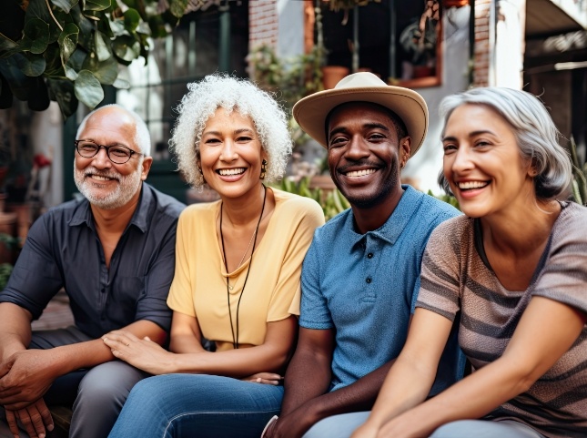 Four smiling older adults sitting on outdoor bench